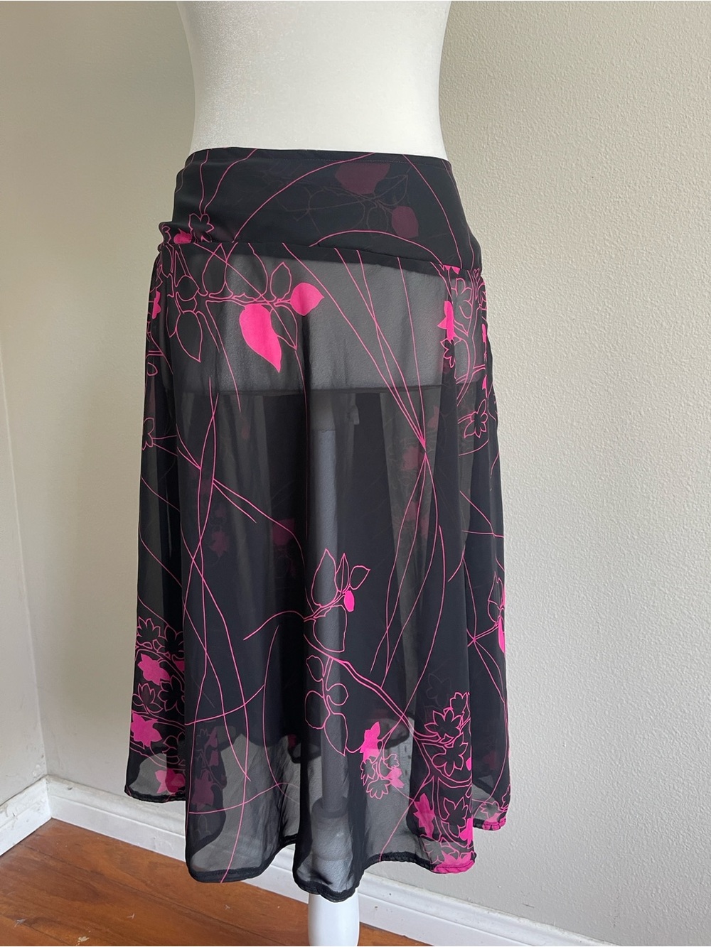 Black & Hot Pink Floral Sheer Midi Skirt